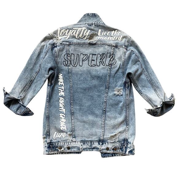 American Bazi Oversized Denim Jacket S | Graffiti Text, Distressed, Longline Fit - Picture 2 of 9